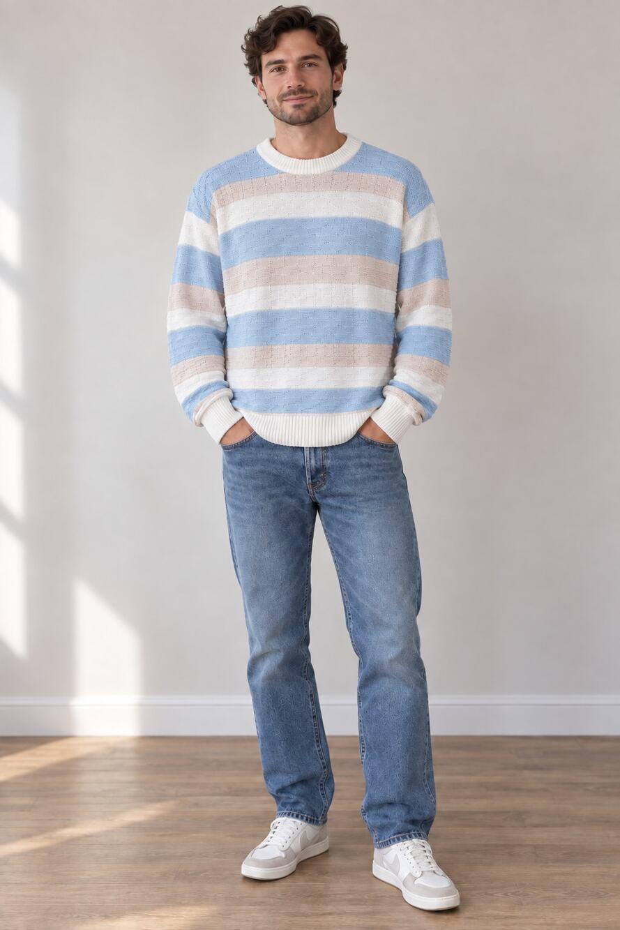 Vintage Pastel Stripe Cotton Sweater Men’s L Coastal Preppy